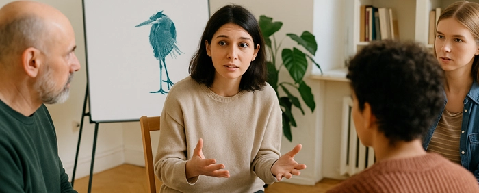 Personnes autour d’une table qui parlent entres elles