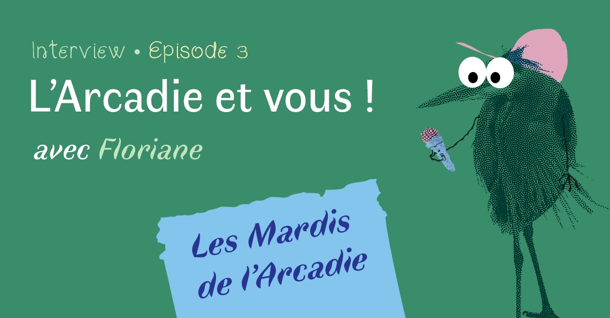 Héron avec des yeux BD qui tient un micro, les Mardis de l’Arcadie